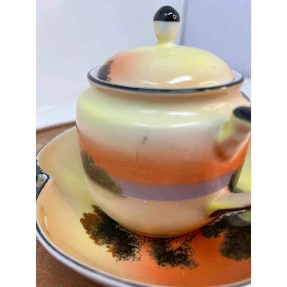 Vintage Hand‎ Painted Sugar Bowl Creamer Set Landscape Scene